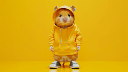 Funny hamster in a yellow jacket on a yellow background.の素材