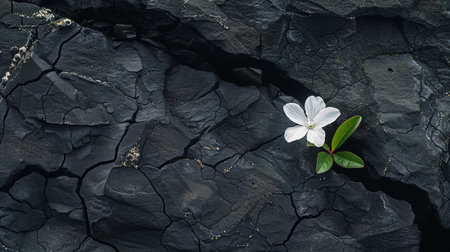 White flower on the black cracked rock background with copy space, top viewの素材