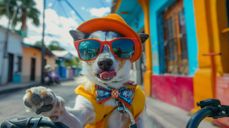 Cute chihuahua dog with orange hat and sunglasses in the cityの素材