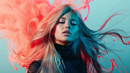 Portrait of a beautiful young woman with colorful hair. Beauty, fashion.の素材