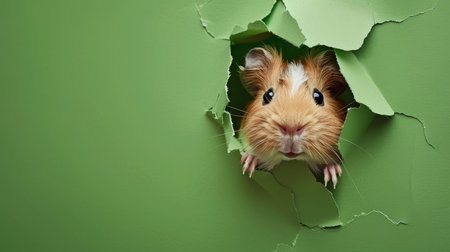 Cute guinea pig peeking through a hole in green paperの素材