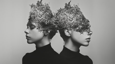Fashion portrait of two beautiful women with wreath of moss on headの素材
