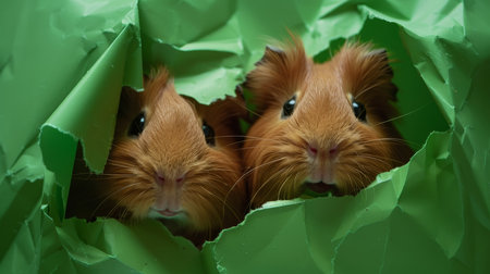 Two cute red guinea pigs peeking out of green paper.の素材