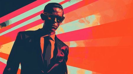 African-American man in a suit and sunglasses over colorful background.の素材