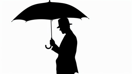 silhouette of a man with an umbrella on a white backgroundの素材
