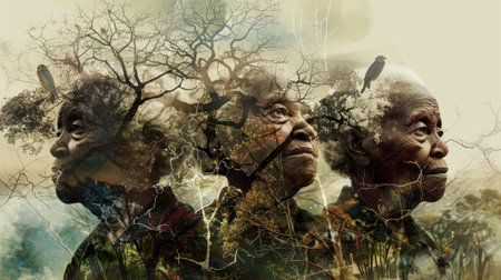Digital composite of Elderly couple with tree and sky in the backgroundの素材