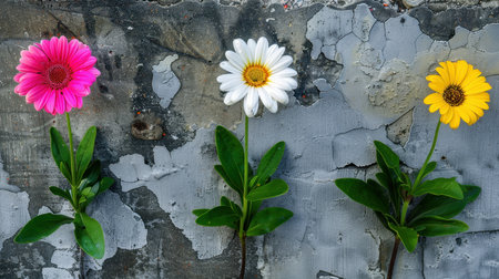 Colorful daisy flowers on grunge cement wall background, top viewの素材