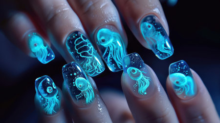 Female hands with blue nail design. Manicure concept. Close up.の素材