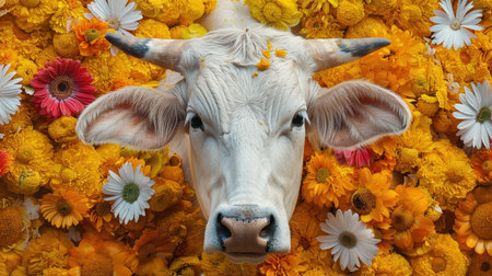 Cow and flowers, top view of a cow head and flowersの素材