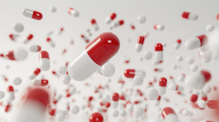 Red and white capsule with flying pills. Conceptualの素材