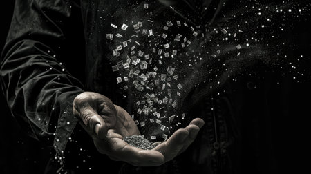 Close up of human hands holding flying papers in palmsの素材