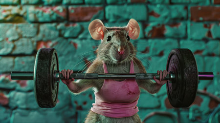 Fitness and healthy lifestyle concept. Cute little mouse lifting a barbell.の素材