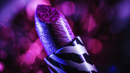 Cosmetic branding, glamor lip gloss and shopping sale concept - Close up of purple lipstick on shiny holiday backgroundの素材