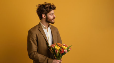 handsome bearded man holding bouquet of flowers and looking away isolated on yellowの素材