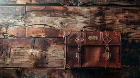 Vintage leather briefcase on a wooden background. Travel concept.の素材