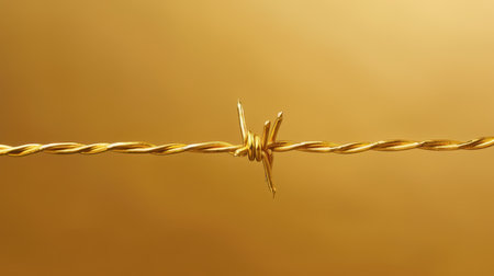 Close-up of a barbed wire on a golden background.の素材