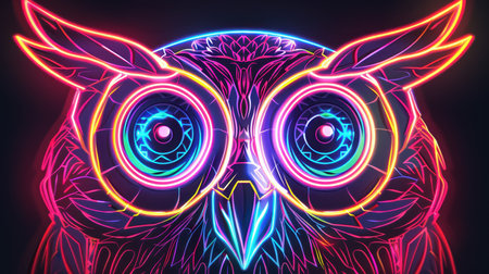 Neon owl head. Vector illustration in neon style on black background.の素材