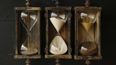 Hourglass in a vintage wooden box on a dark background. Time concept.の素材