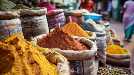 Colorful spices on the market in India. Selective focus.の素材