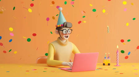 illustration of cartoon character celebrating birthday with laptop and confettiの素材