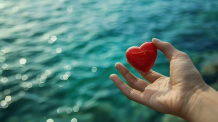 Female hand holding a red heart on the background of the sea.の素材