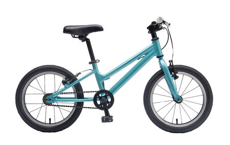 Isolated Kids Bicycle In Blue Metallic Color Frame With White Backgroundの写真素材