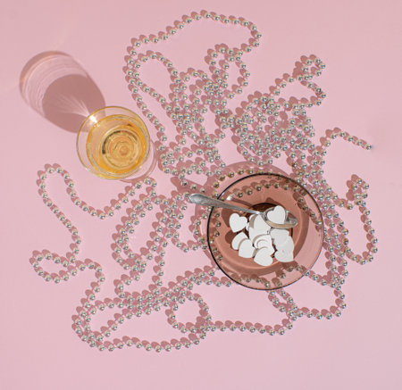 Shiny pearls on a pastel pink background, with plate full of hearts, and glass. Romntic concept....