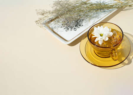 Creative arrangement with cup of tea, white blossom, and herbs on plate, against pastel  beige background. Minimal concept.の写真素材