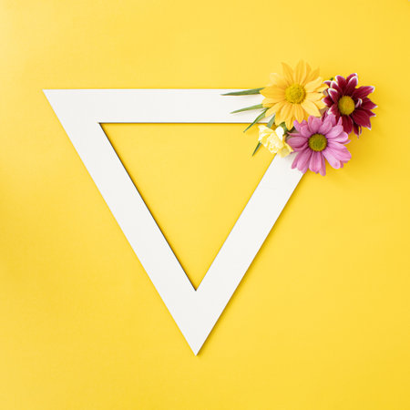 Vibrant color spring blooming flowers  arranged in triangle shape with copy space on  yellow vivid yellow background. Minimal creative concept.の写真素材