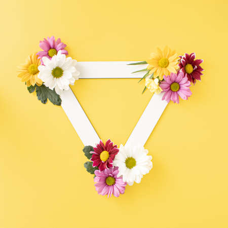 Vibrant color spring blooming flowers  arranged in triangle shape with copy space on  yellow vivid yellow background. Minimal creative concept.の写真素材