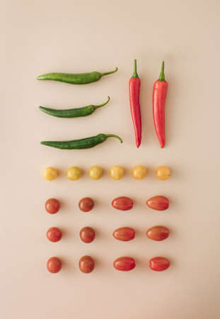 Fresh jucy vegetables. Fresh  chilli, fresh tomato various shapes. red, green, orange. Healthy food....