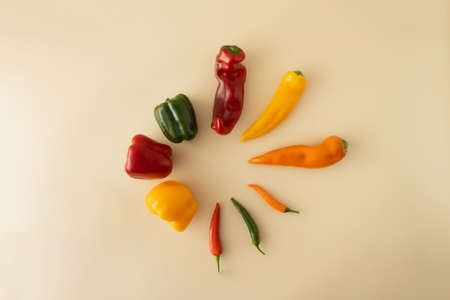 Fresh juicy  peppers, chili, red, orange and green,  on a pastel background. healthy food. healthy...
