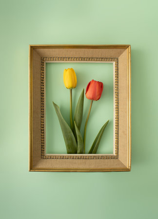 Vintage,retro and elegant golden picture frame , with red and yellow tulips. Minimal copy space concept against pale green background.の写真素材
