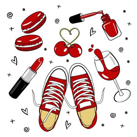 kit of contemporary patches: shoes, wine, cherry, nail polish and lipstick Set with glamour elements Cute stickers for girls. Fashion accessories.のイラスト素材