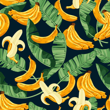 Seamless pattern with tropical palm leaves and bananas. Vector illustration.のイラスト素材