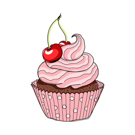 Creamy cup cake with cherry. Hand drawing sketch vector illustration.のイラスト素材