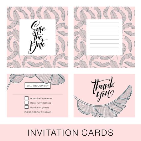 Wedding Invitation Card. Tropical Background. Banana. Save the Date. Vector Template. RSVP.のイラスト素材