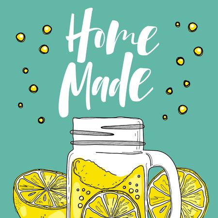 Hand drawn lemon, lemon slice, jar with lemonade.のイラスト素材