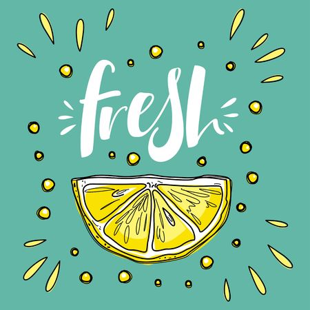 "Fresh" lettering with lemons. Vector cute illustration.のイラスト素材