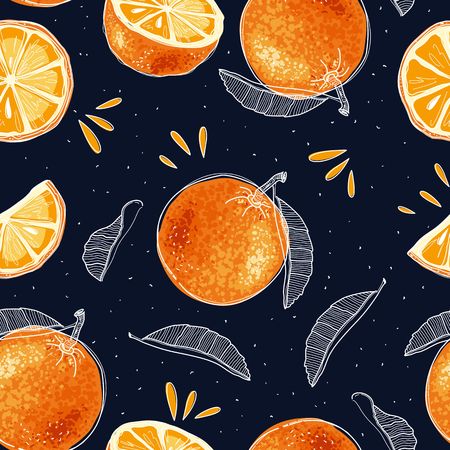 Seamless pattern of hand drawn oranges and slices in sketch style. Vector illustrationのイラスト素材