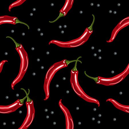 Seamless pattern with red chili peppers on a black backgroundのイラスト素材