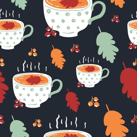 Seamless Fall Pattern with with tea cup. Hand drawn style.のイラスト素材