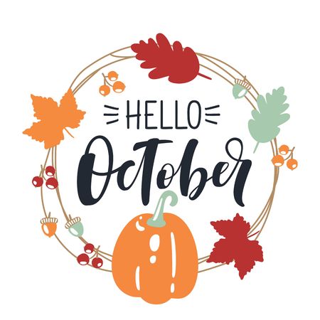 hello October, bright fall leaves and lettering compositionのイラスト素材