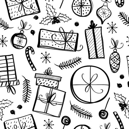 Christmas seamless pattern with hand drawn illustrations of present boxes.の写真素材