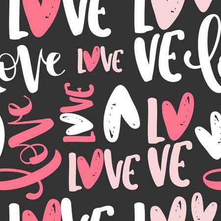 Seamless pattern with love words, hearts. Ink illustration. Handwritten lettering vector.のイラスト素材