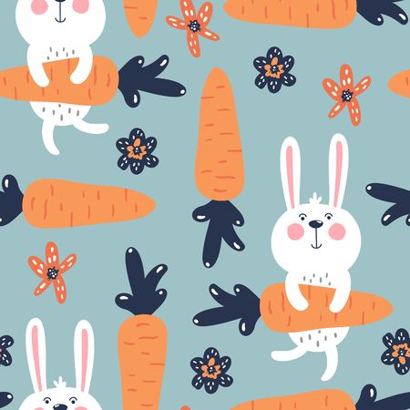 Easter pattern with cute rabbits and carrots. Vector illustration.のイラスト素材