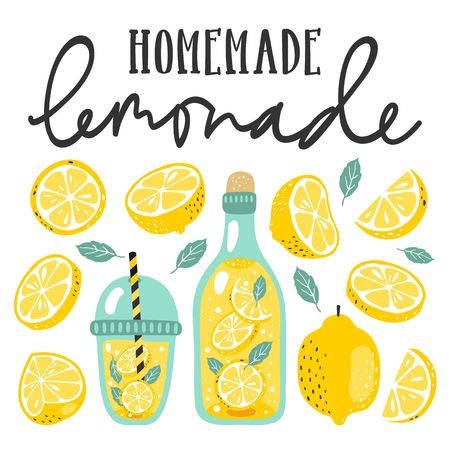 Summer set with lemonade and its ingredients. Lemon, lemon slice, mint and hand written text.のイラスト素材
