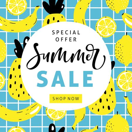 Summer sale banner template with tropical fruits and hand written text.のイラスト素材