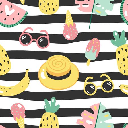 Colorful seamless summer pattern with hand drawn beach elements.