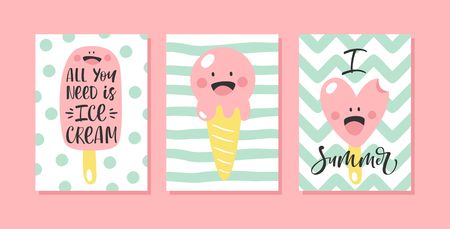 Set of cute summer cards with ice cream and hand written text. For birthday, anniversary, party invitations. Vector illustration.のイラスト素材